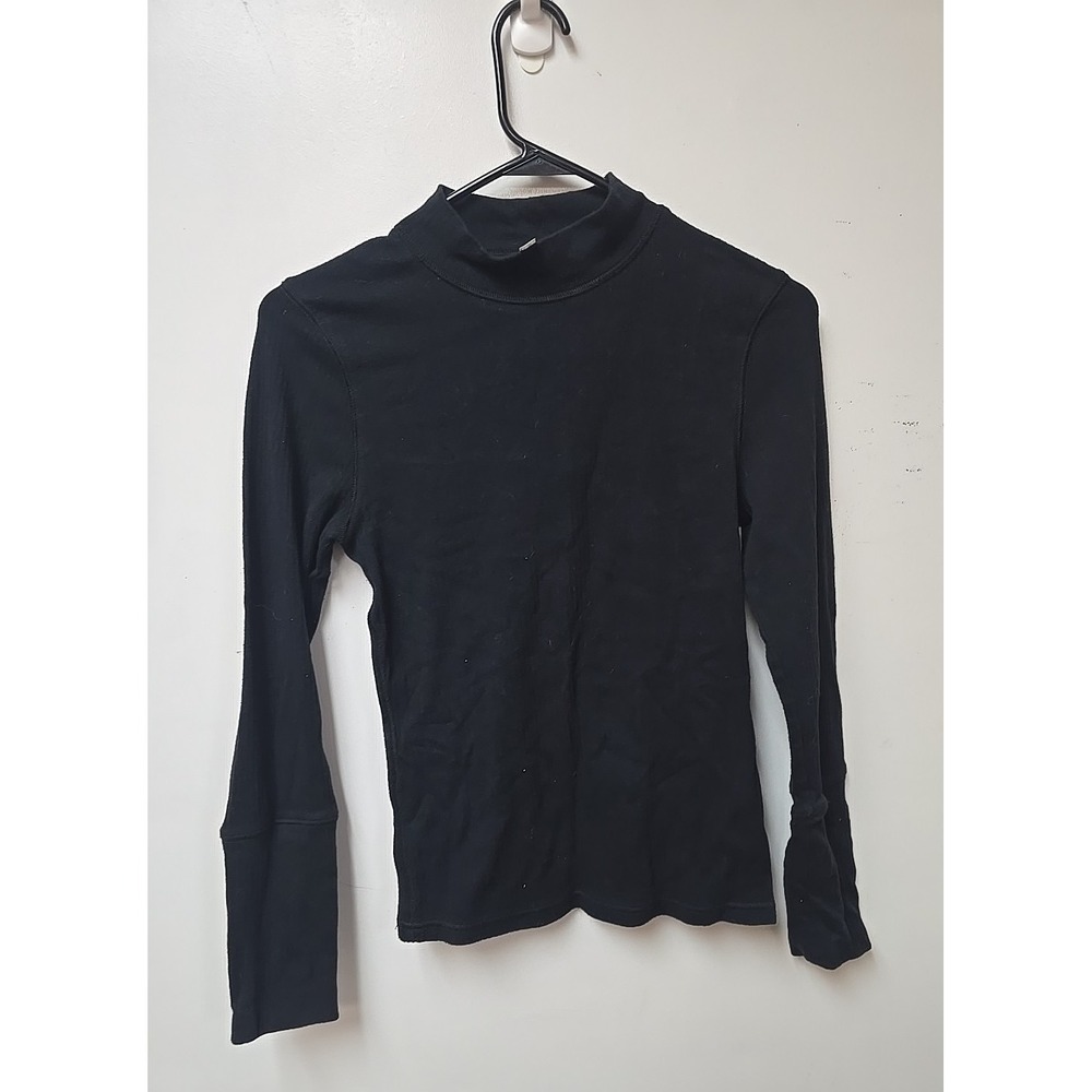 Free People Black Mock Neck Long Sleeve Ribbed Thermal Womans Size Large